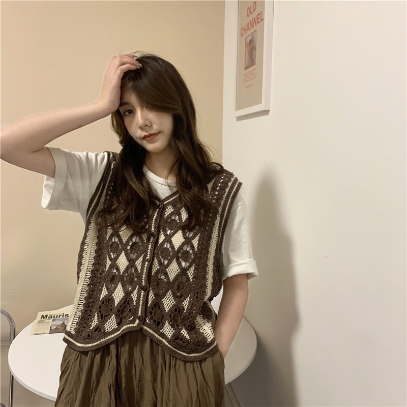 Picture of New Korean Style Knitted Vest Women's Vintage Embroidered Crochet Knitted Shirt Waistcoat Vest Sleeveless Jacket Spring and Summer