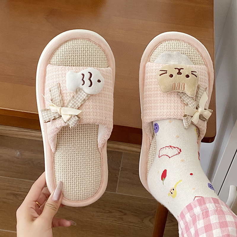 [Store Hot Sale] Ins Popular Breathable Thick-Soled Linen Slippers for Women with Bow Cat Fish Spring and Summer Indoor Non-Slip