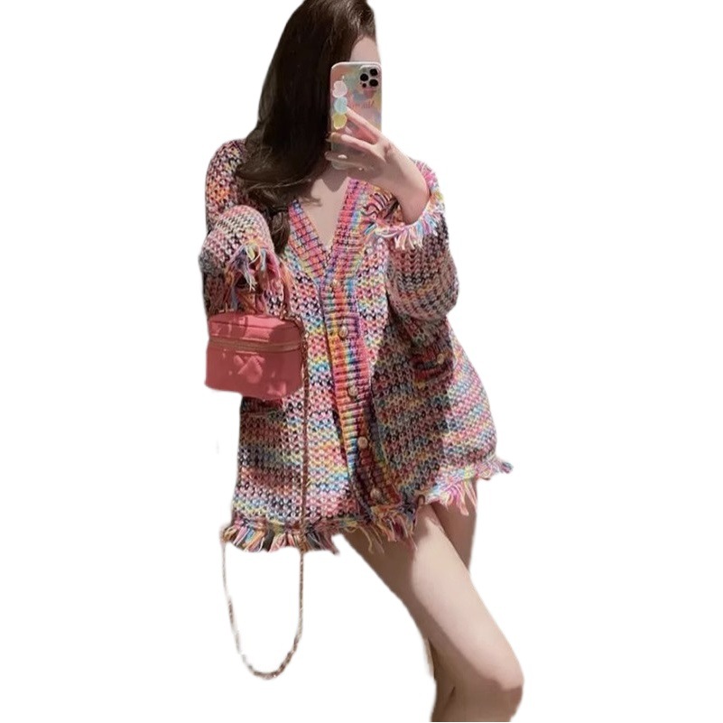 2024 new spring and autumn French Chanel style tassel color woven knitted coat women's design sweater cardigan fashion
