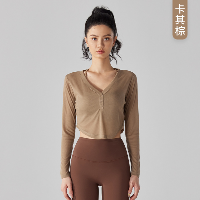Picture of Wholesale Spring Summer Autumn Tencel Yoga Long Sleeve Loose Breathable V-neck Sports Blouse Women's Quick-drying Running Fitness Wear