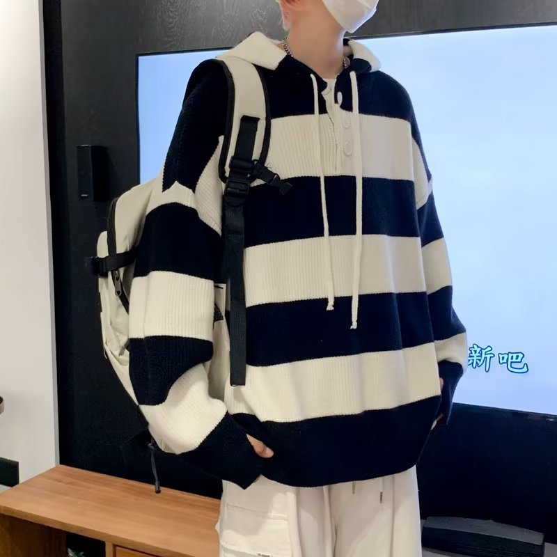 Retro contrast color sweater sweater men's design top hooded loose American lazy style sweater coat men