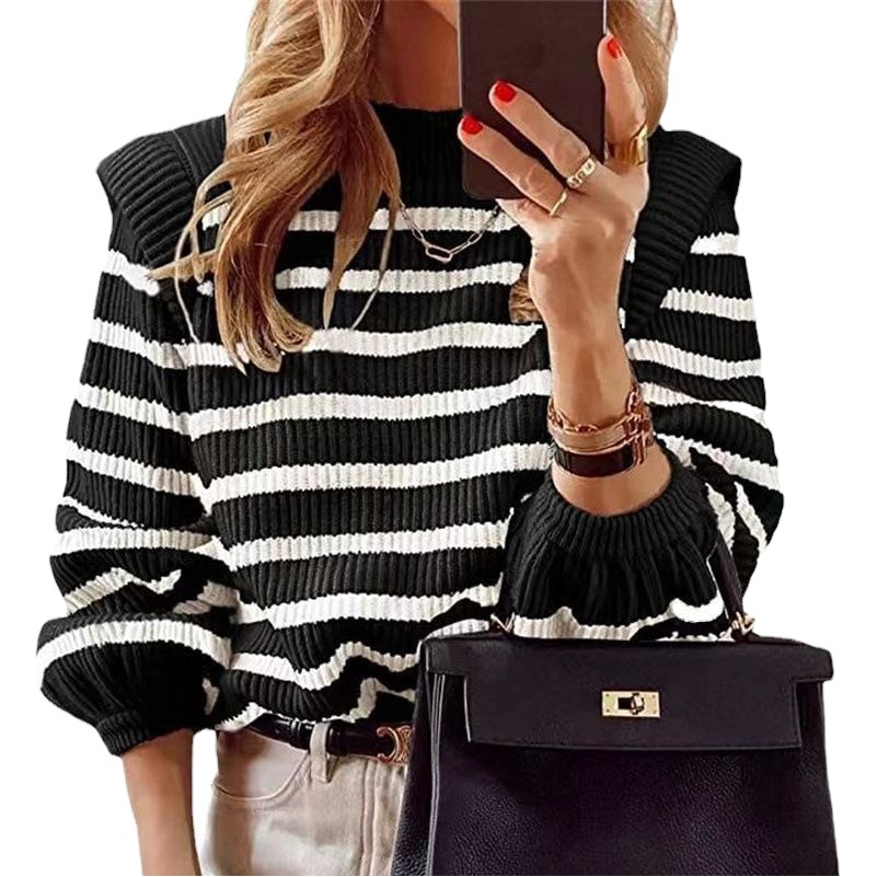 Aliexpress New 2025 Women's Fashion Striped Round Neck Puff Sleeve Sexy Knitted Sweater