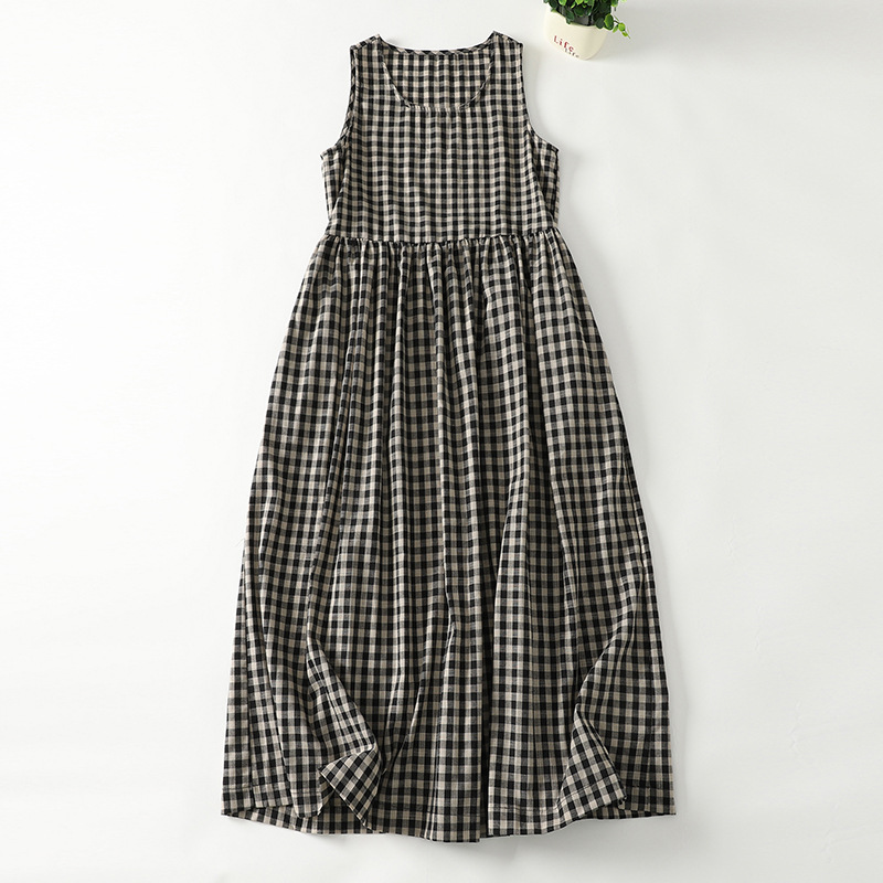 Japanese and Korean in stock 2025 Spring and Summer Cotton and Linen Plaid dress Women's Loose Mori College Style Long Dress Chic Dress Trendy
