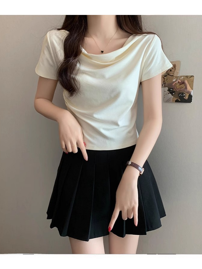 New Korean Style Short Design Niche Swing Collar Slim Slim Short-Sleeved T-Shirt Women's Summer Tops for Hot Girls