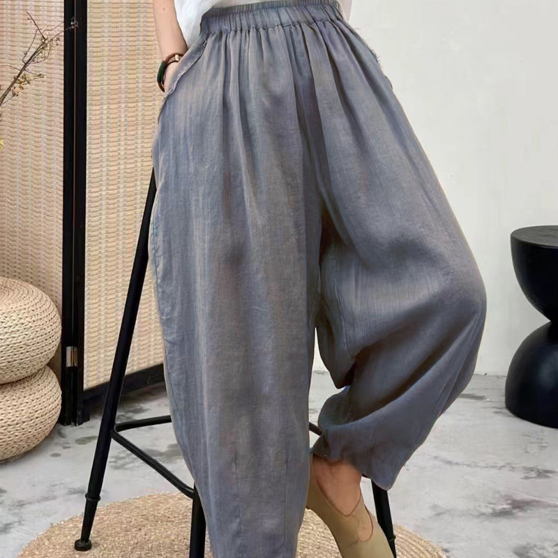 Women's Solid Color Japanese Casual Pants Slim-fit Summer Thin Cropped Hallen Pants Loose-fit Waist Casual Pants