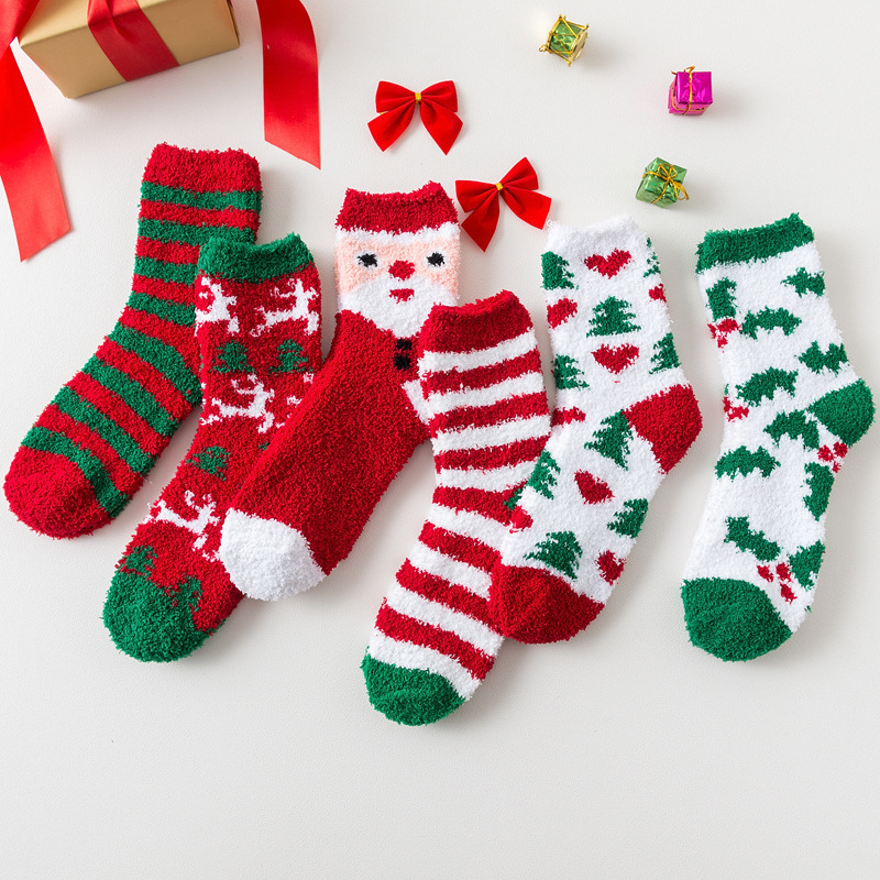 Coral velvet socks half velvet women's socks Christmas socks Korean thick warm lovers socks cute cartoon snow socks
