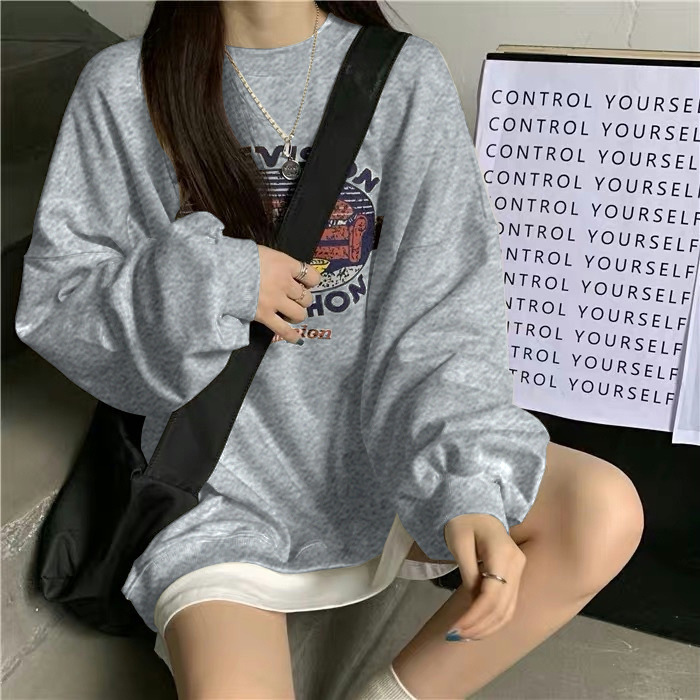 Picture of American Style Retro Printed Round Neck Sweater Women's Autumn Clothing Student Base Shirt Regular Casual Loose Top Thin Trendy
