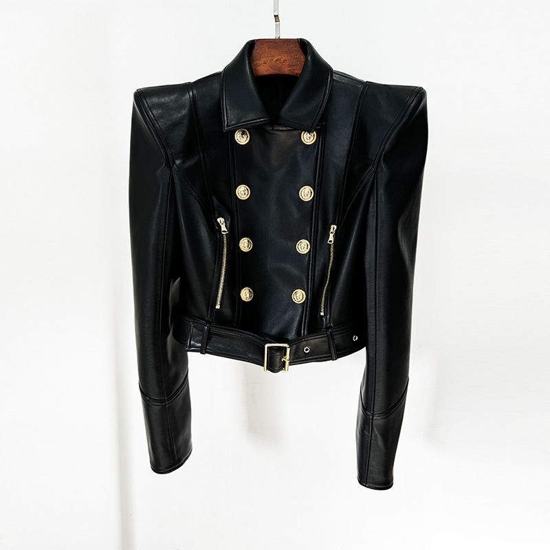 Picture of Spot 2025 Early Autumn New European and American Star Fashion Stylish Shrug Double-Breasted Short Motorcycle Leather Jacket