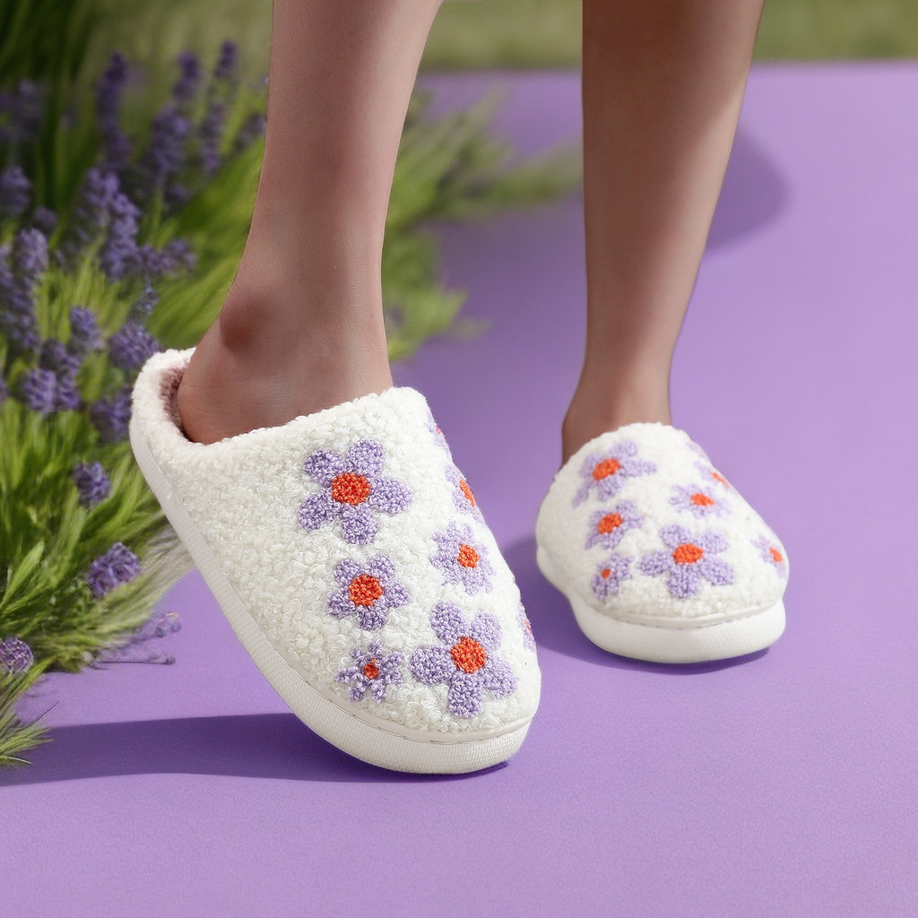Wal-Mart Explosions Wild Flower Cotton Slippers Women's Autumn and Winter Embroidered Hibiscus Wool Slippers Cross-border Source Wholesale