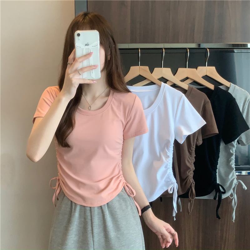 Round Neck DrawsTring Slim ShorT-sleeved T-shirT for Women 2024 New Summer Niche Korean STyle Simple chic Slim Top Trendy