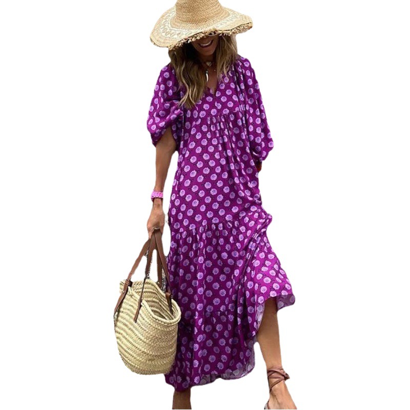 2023 Autumn New Independent Station Best Selling Geometric Print Puff Sleeve Dress Street Street Street Plus Size Women's Clothing