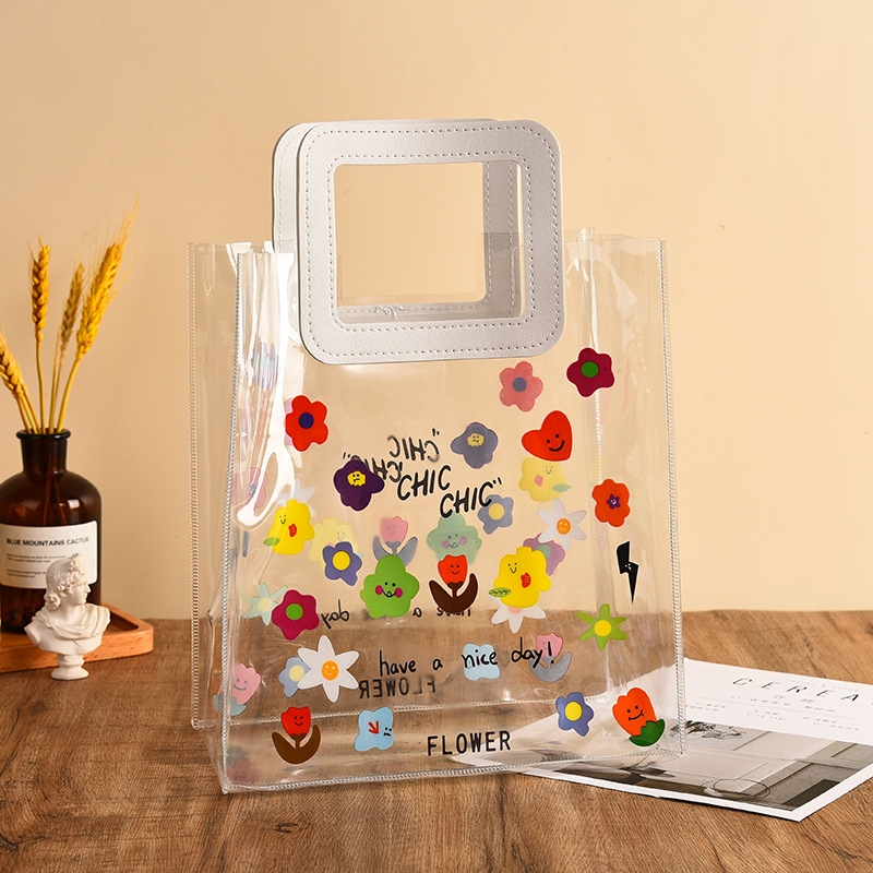 ins Style Colorful Small Flowers Transparent Handbag Summer PVC Handheld Children Gift Bag Large Capacity Beach Bag