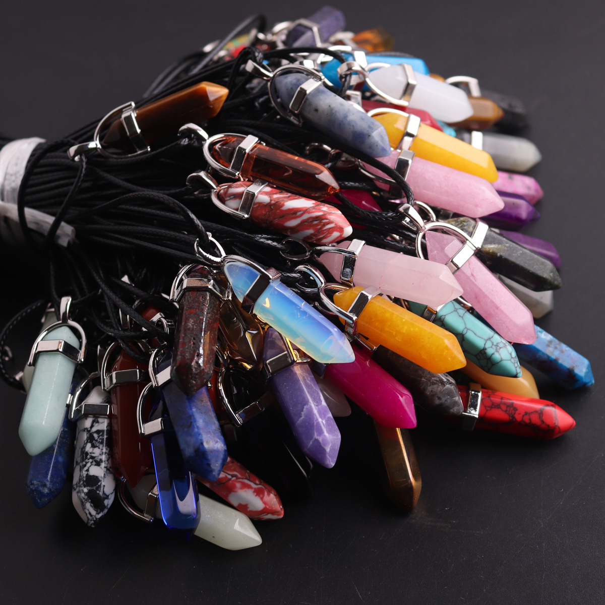 Picture of Natural Stone Hexagonal Pendant European and American Natural Crystal Hexagonal Prism Bullet Hexahedral Black Wax Rope Necklace