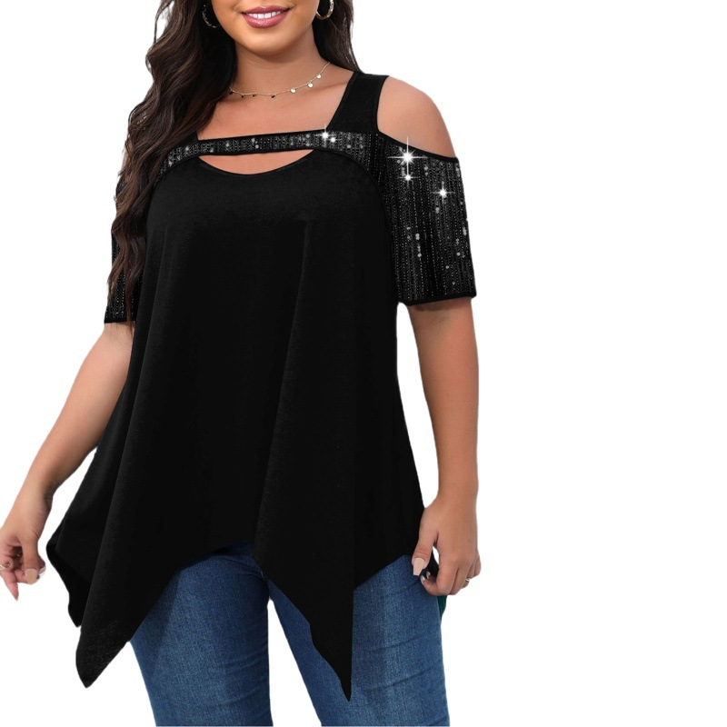 Europe and the United States cross-border summer Amazon AliExpress WISH short-sleeved women's clothing beads hollow irregular large pendulum T-shirt