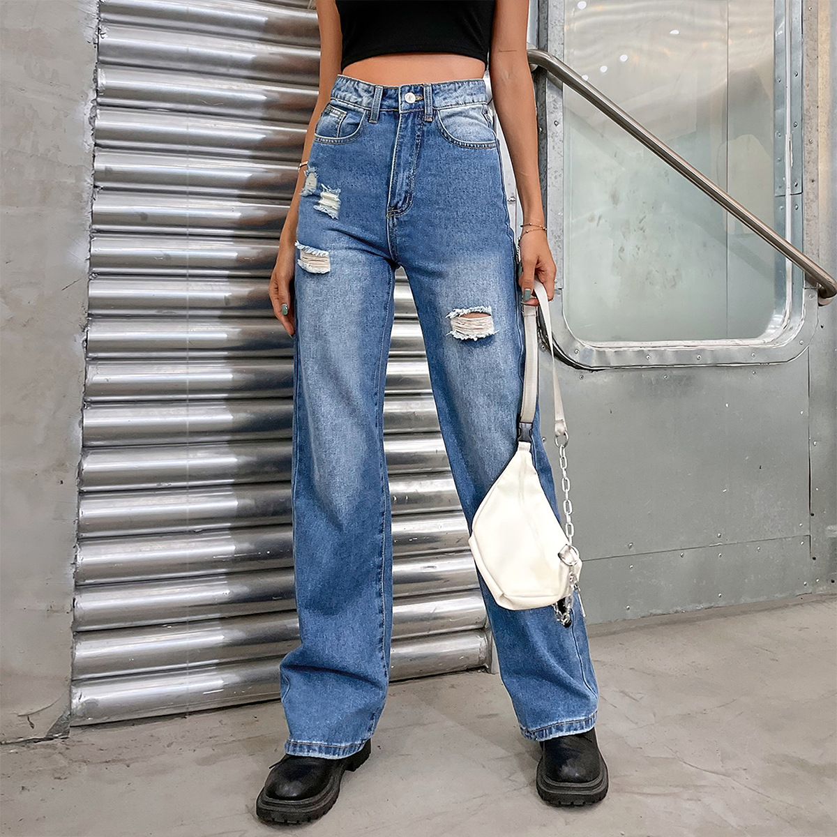 30756 # Amazon Cross-Border Women's Clothing European and American Ins Fashion Loose High-Waisted Floor-Length Ripped Denim Pants