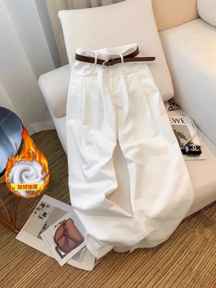 White High Waist fleece-lined Thickened Wide Leg Jeans Women's Autumn and Winter Loose Slimming Pleated Casual Trendy Floor-length Pants
