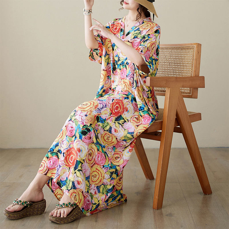 Picture of 2024 New Vintage Printed V-Neck Large Size Dress for Chubby Girls New Fashion All-match Artistic Large-length Dress for Women