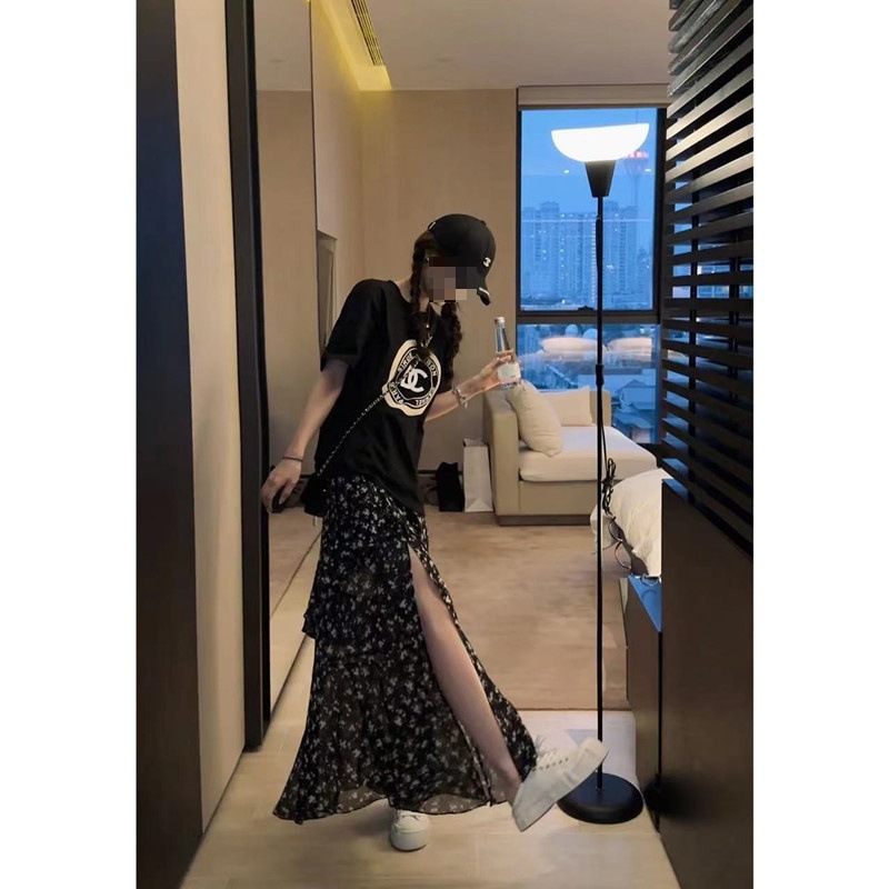 New Floral Ruffled Slit Mid-length Skirt Women's Spring and Summer 2023 Vintage All-match High Waist Sexy Long Dress