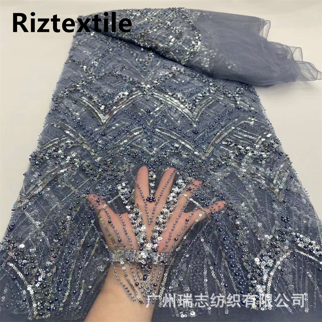 European and American New Style Beaded Tube Embroidery Embroidery Lace Mesh Hand-nailed Beads Bubble Beads Embroidered Fabric Wedding Dress Fabric