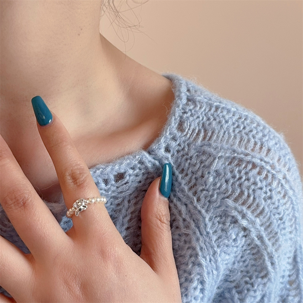 Cute Puppy Imitation Pearl Ring Women's Handmade Beaded Versatile Fashionable Elegant Ring Ins Style Index Finger Ring