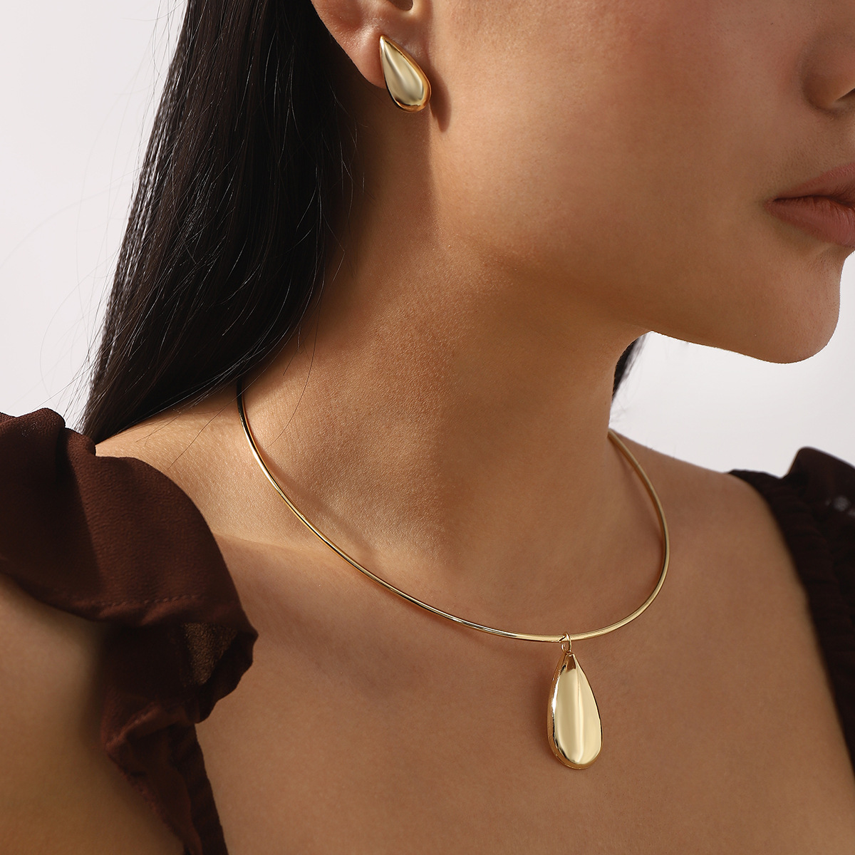 N12544 Cross-Border Trendy Metal Earrings Necklace Jewelry Set Simple Geometric Glossy Water Drop Pendant Necklace