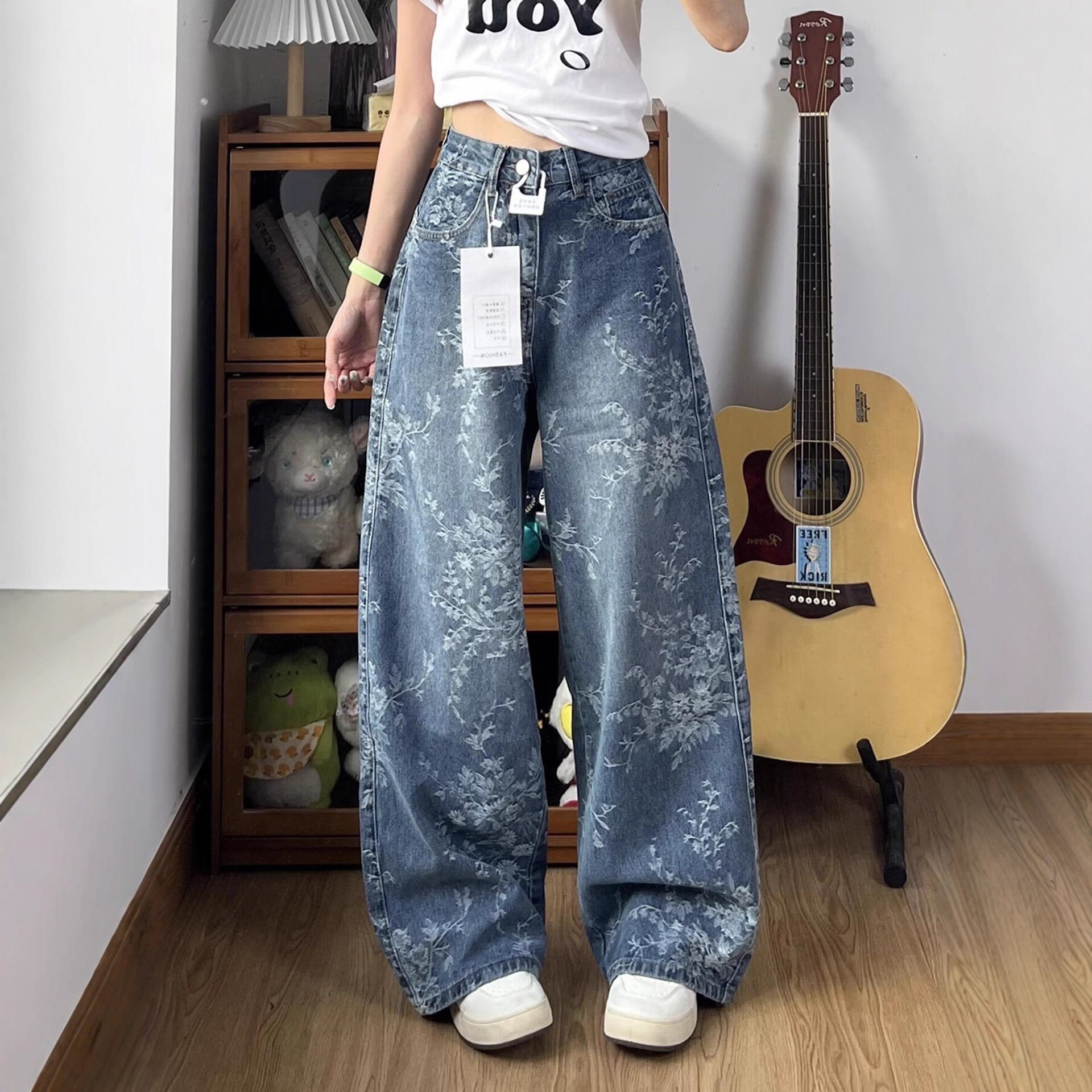 Jacquard Design Wide-Leg Jeans for Women 2025 New Spring and Summer American Style Versatile Pear-Shaped Figure Straight Pants