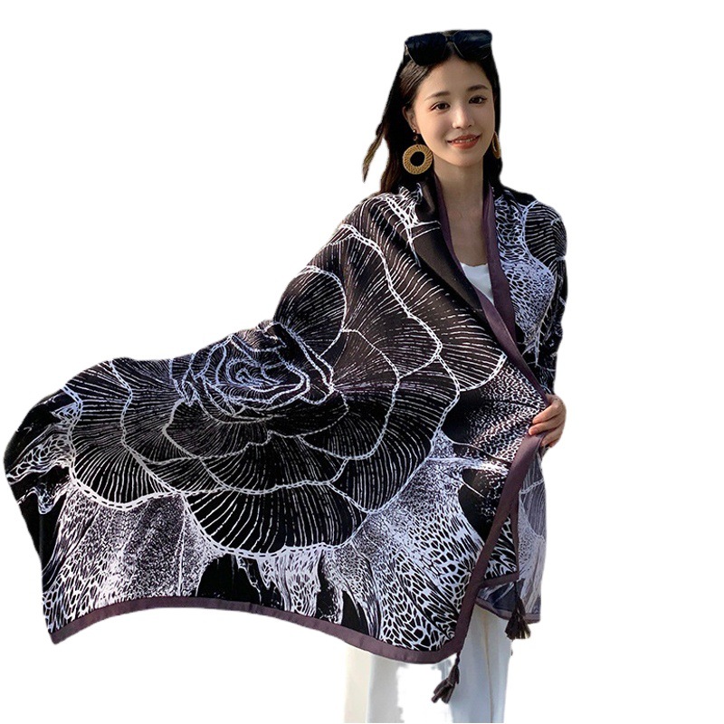 Picture of New black big flower fashion travel photo big shawl summer holiday sunscreen beach towel outside silk scarf
