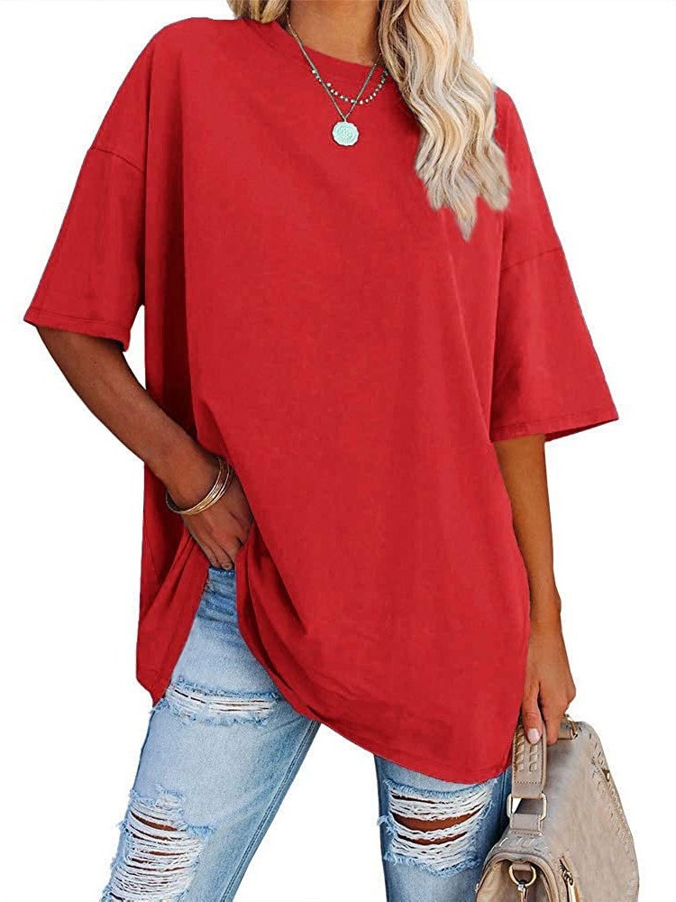 2025 European and American Cross-border Women's T-shirt Amazon Foreign Trade Women's New Solid Color Loose Round Neck Short Sleeve Top for Women
