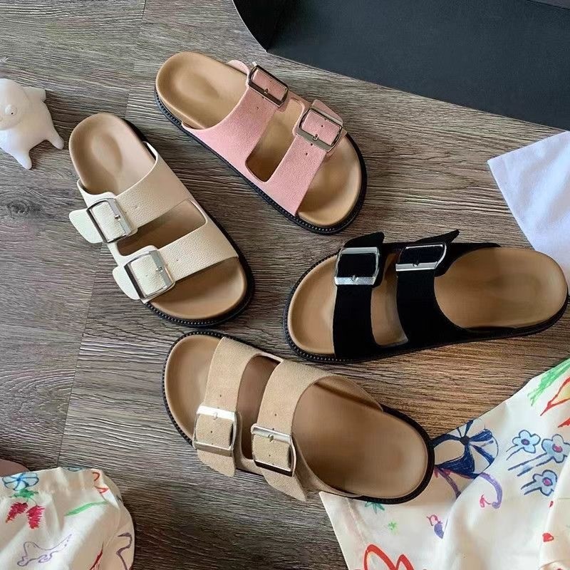 New Summer Casual Birkendish Platform Slippers Women's Outer Wear Fashionable Square Buckle Double Belt Non-Slip Slides for 2024