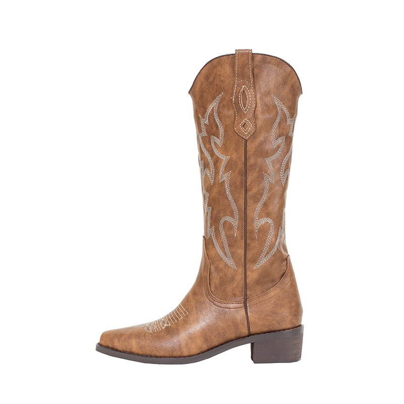 Picture of Vintage Embroidered Leather Western Cowboy Boots Women's Autumn 2023 New Pointed Thick-heeled Sleeve All-match Knight Boots