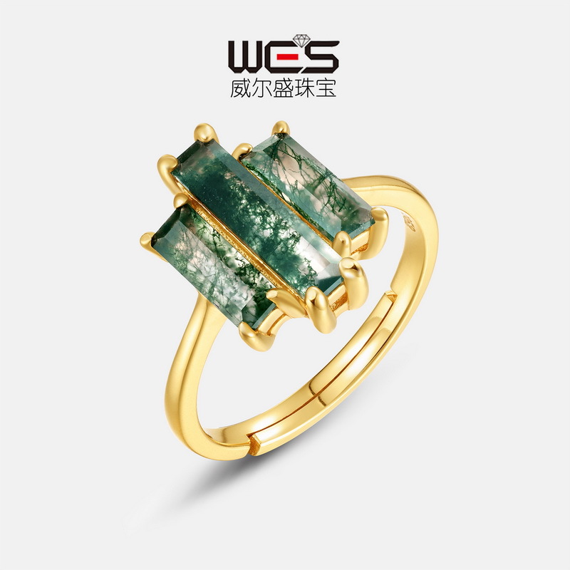 Amazon foreign trade for personality exaggerated natural green moss stone finger ring S925 silver inlaid aquatic agate ring