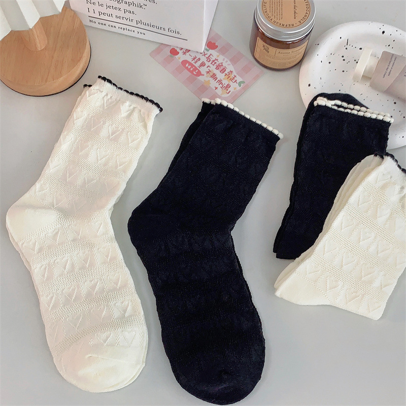 Love Socks for Children Spring and Autumn Korean Style Mid-length Ins Japanese Style Lace Jk Socks Summer Simple All-match Rhomboid Stocking