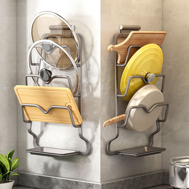 Picture of Pot Cover Rack Wall-mounted Non-perforated Kitchen Storage Rack Multi-functional Household Storage Artifact Placer Chopping Board Rack