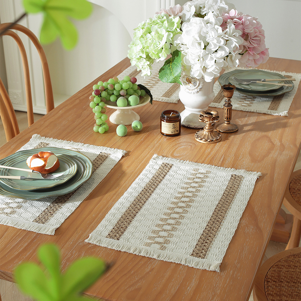 Picture of Amazon new cotton and hemp rope placemat holiday placemat woven color matching striped tassel bowl mat spot wholesale