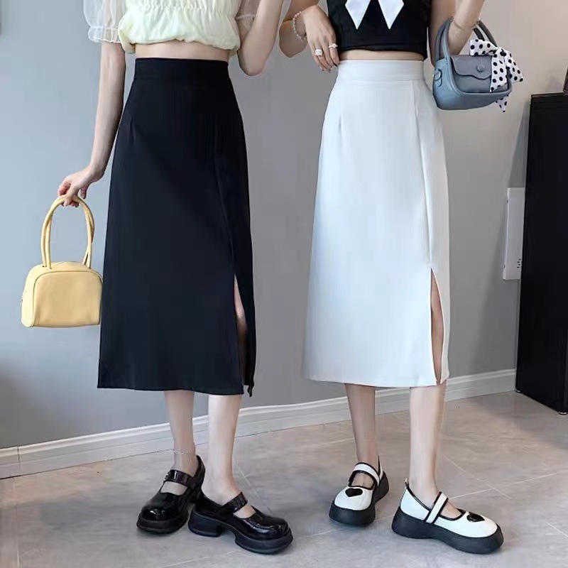 Picture of Black skirt women's draping skirt split mid-length spring and summer design high waist small A- line over-the-knee dress