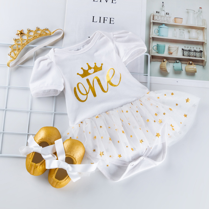 Picture of Amazon Children's Clothing Children's Dress Baby's Holiday White Dress Three-Piece Set Baby One-Year-Old Dress Pouchsuit Set