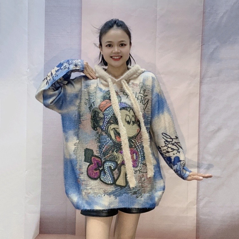 Korean-style Large-size Lazy-style Mid-length Heavy-industry Hot-drilling Hooded Sweater Trendy Women's Autumn Cartoon Pattern Knitted Top