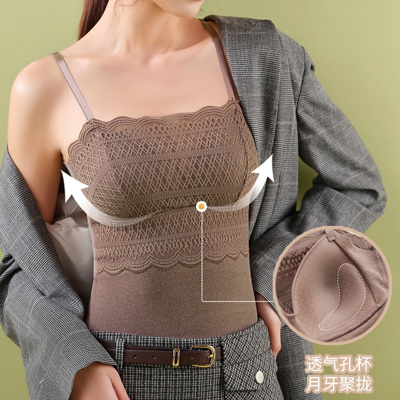 Autumn and Winter fleece-lined thick sling wear-free bra sexy warm vest lace anti-exposure tube top