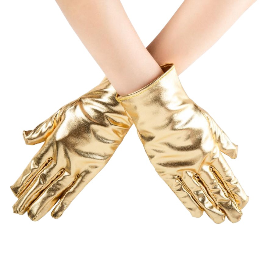 Sexy Patent Leather Imitation Leather Short Gloves, Steel Tube Dance Stage Performance Accessories, Gold and Silver Bright Leather Ds Etiquette Gloves