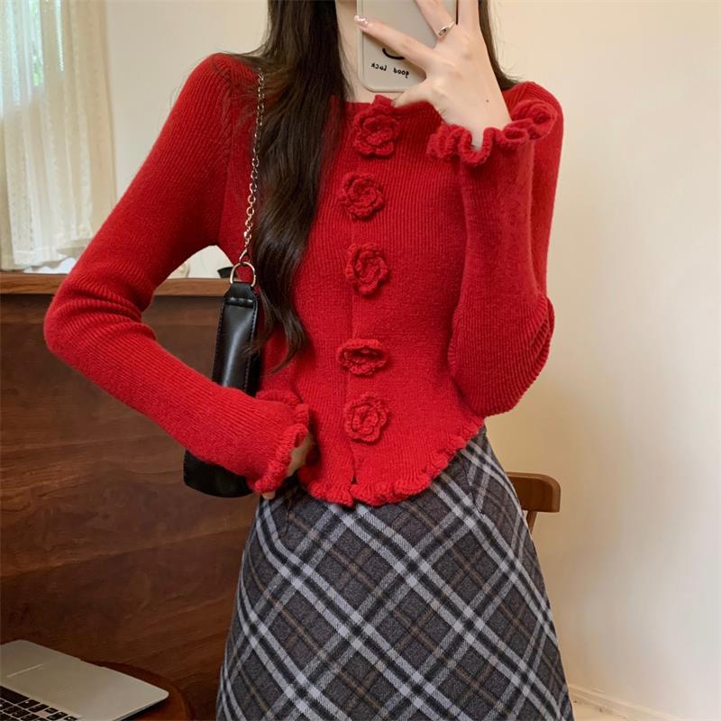 Red Three-dimensional Rose Ear Sweater Coat Women's Autumn and Winter Atmosphere New Year Christmas Cardigan Knitted Top