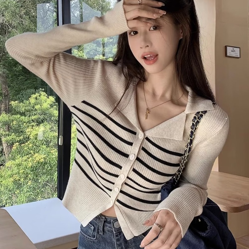 Lapel striped long-sleeved sweater women's autumn Korean style 2023 new fashion slim fit slimming underwear top