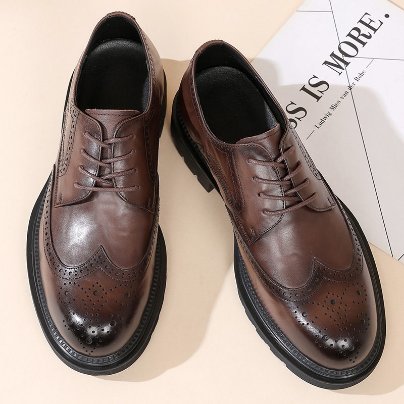 2025 Autumn New Genuine Leather Men's Shoes Brogue Formal Leather Shoes Brown British Style Increased Business Leather Shoes for Men