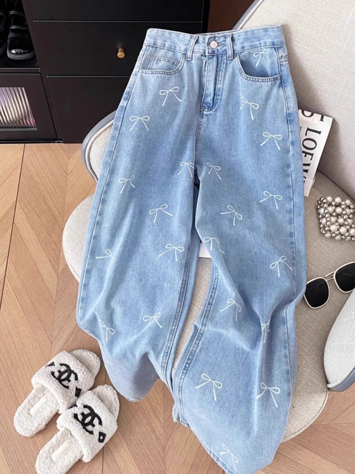 Bow Print Straight-Leg Jeans Women's Korean-style High Waist Slimming Loose Pear-shaped Figure Narrow Wide-Leg Pants