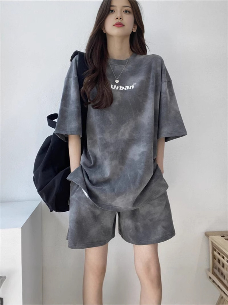 Tie-Dye Sportswear Small Two-Piece Set Women's Summer Casual Short-Sleeved T-Shirt Base-Layer Shirt Loose Wide-Leg Shorts suit