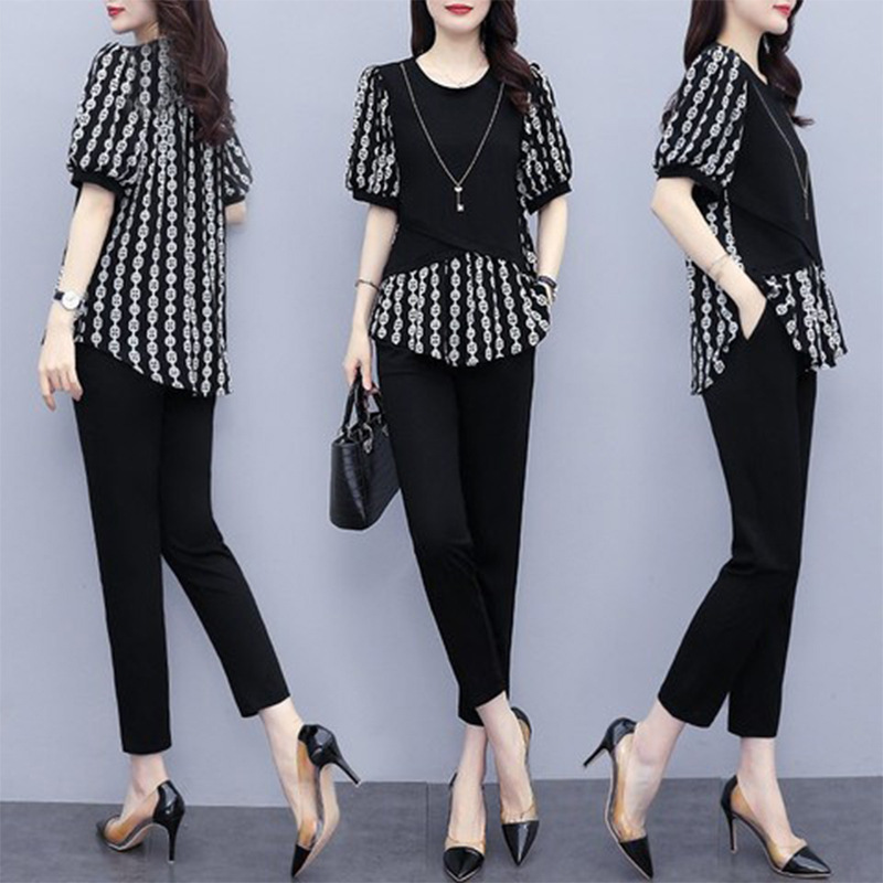 Large Size Chubby Girl Fashionable Elegant Set Women's 2022 Spring and Summer New Short-sleeved Loose Belly Covering Printed Two-piece Set