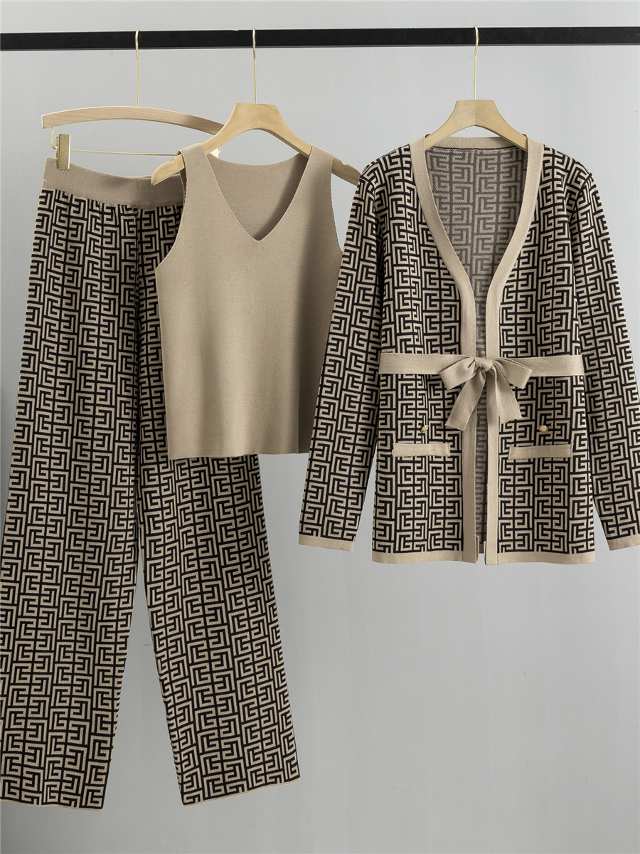 Cross-border European Station Fashion Casual suit Women's Shawl Jacket V-neck Sweater Wide-leg Pants Three-piece Set