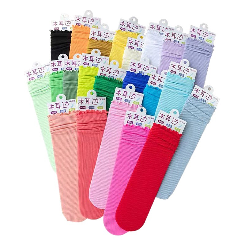Women's Mid-calf socks summer thin wooden ear Ice Socks striped lace socks Japanese style breathable wooden ear pile socks