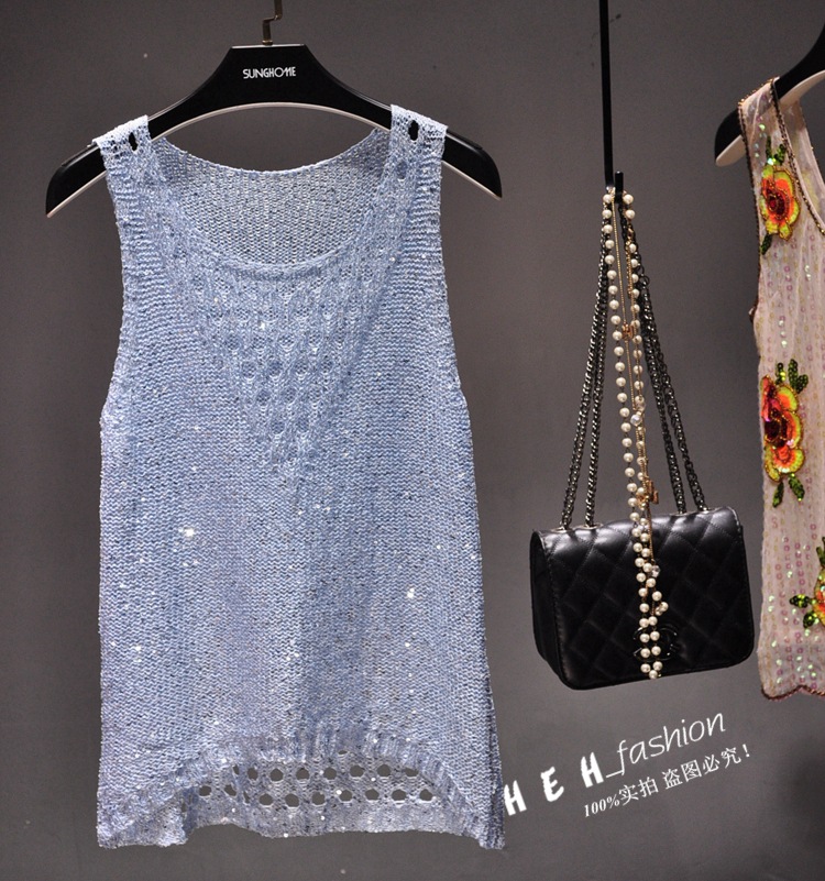 Picture of Summer New Beaded Sparkling Sequins Hollow Thin Sleeveless Sweater Front Short Back Long Vest T-shirt Top Women