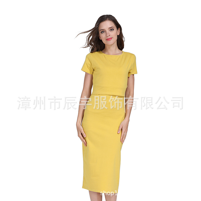 Picture of European and American Summer Fashion Short-sleeved Pregnant Women's dress Elastic Slim-fit Pure Cotton Out-going Postpartum Breastfeeding Skirt plus size Women's Clothing