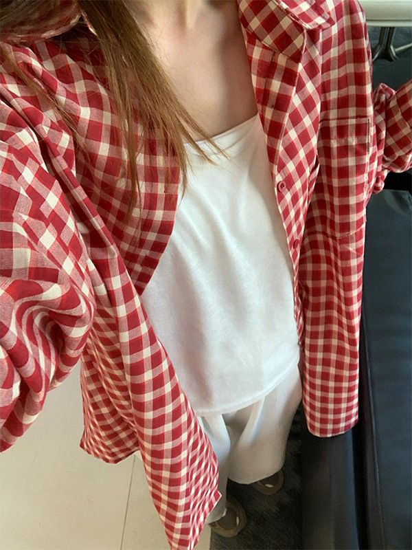 Autumn 2025 Korean Red Plaid Shirt Women's New Lazy Loose Casual Shirt Sunscreen Jacket Instagram Style Trendy